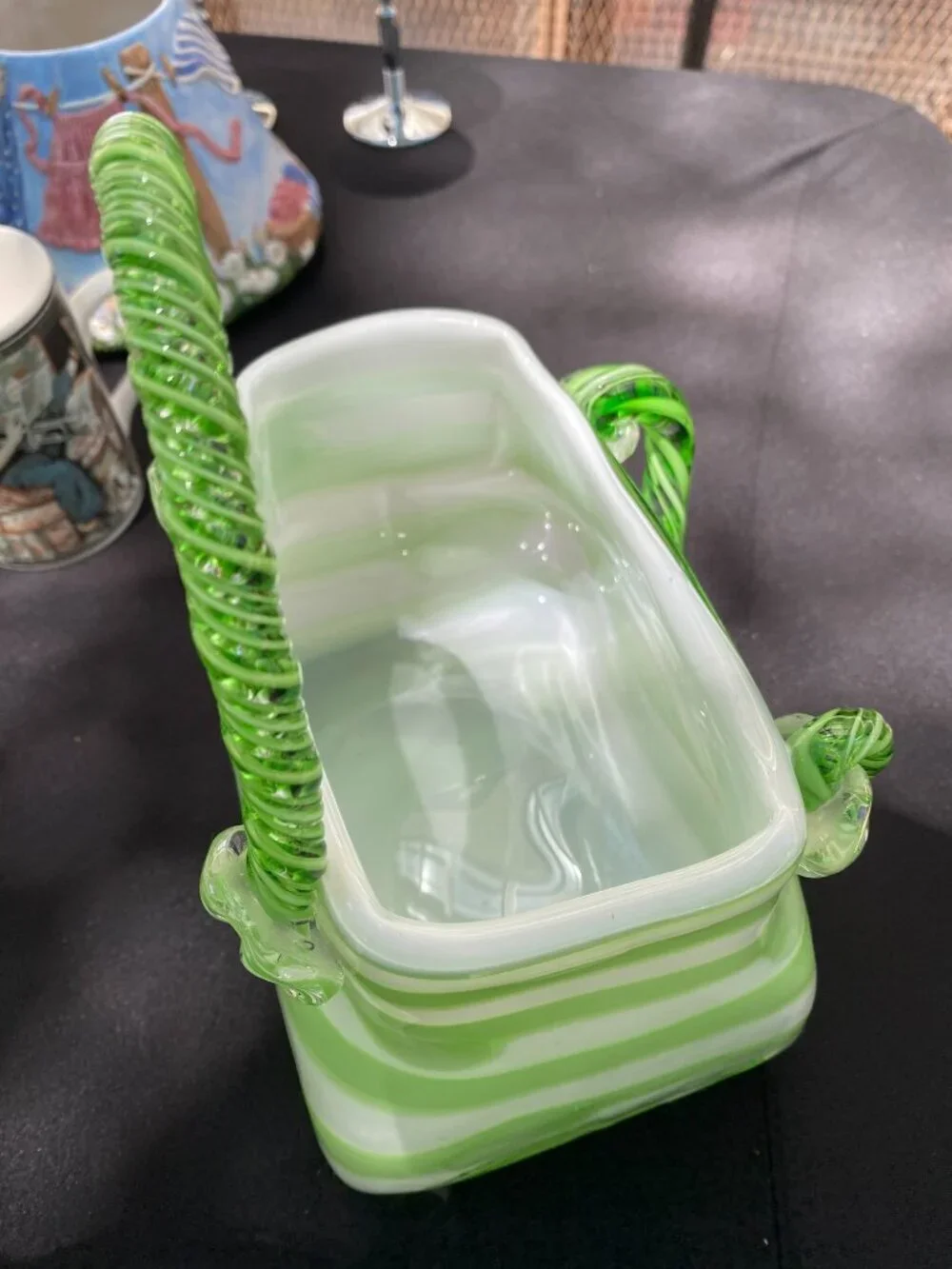 “Vintage Murano Style Glass Purse Vase – Green & White Striped Handbag Vase | Re
